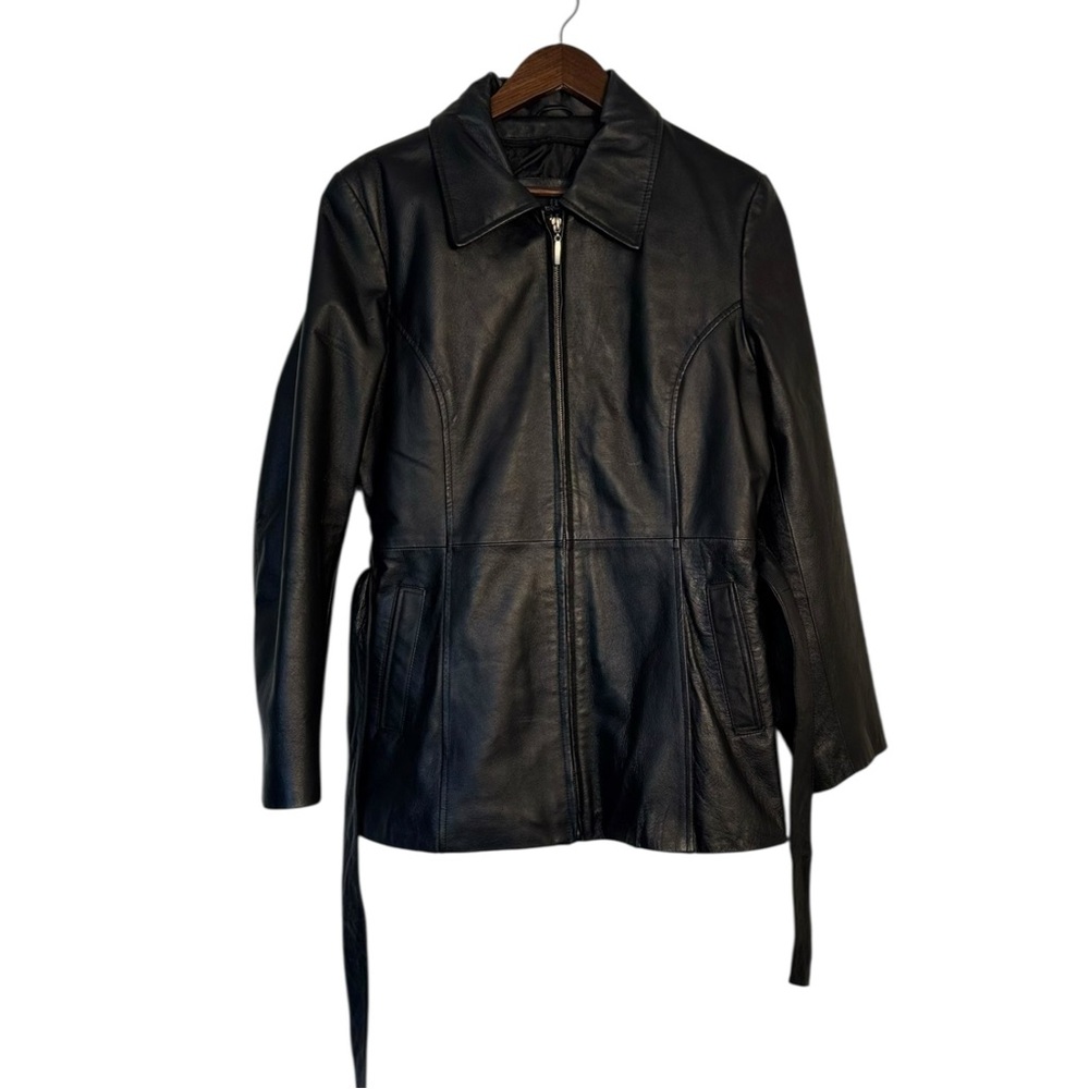 Oscar Piel Black Genuine Leather Jacket Full Zip Belted Longline Women’s Medium